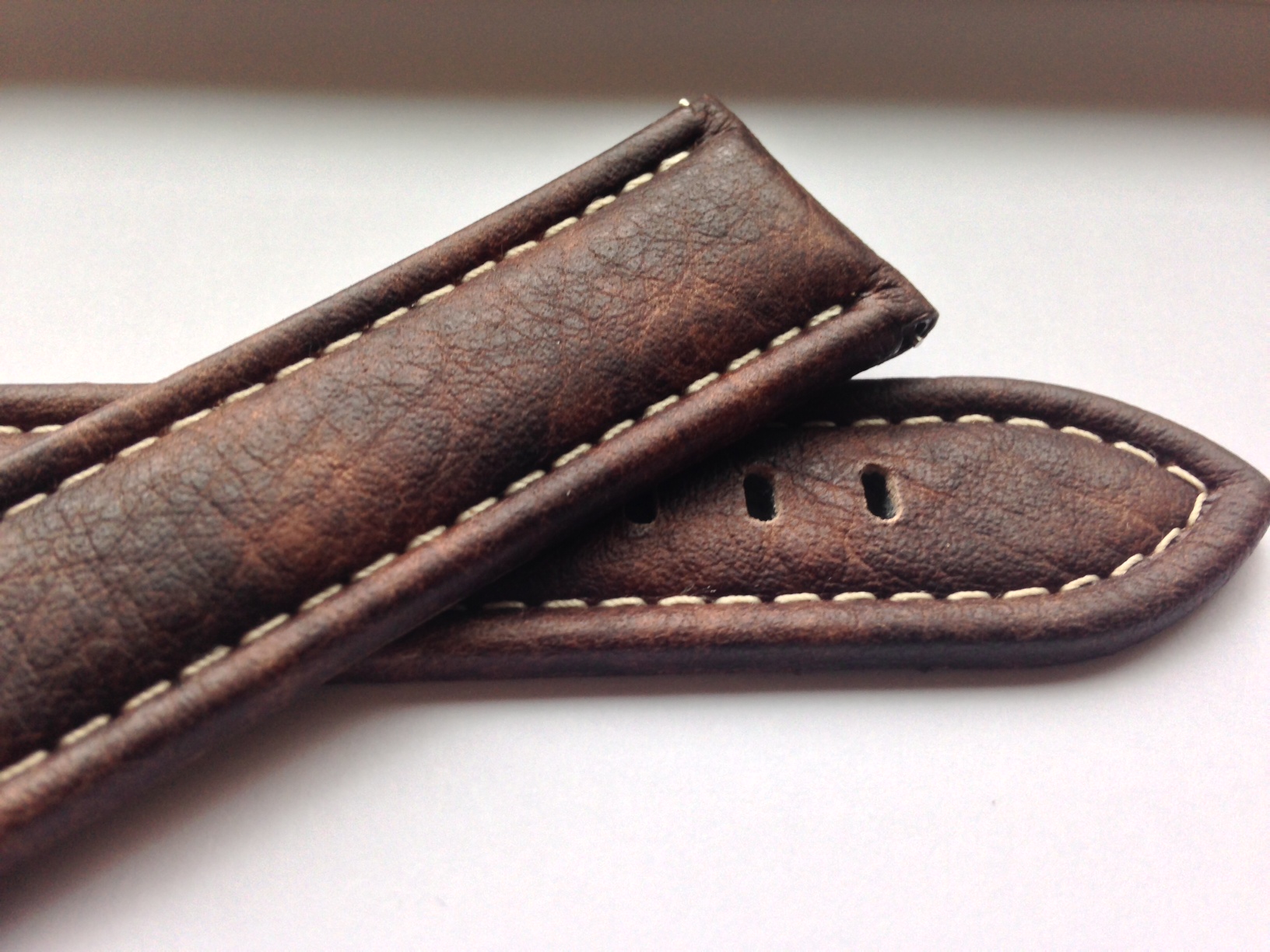 Brown Distressed Leather Strap with White Stitching